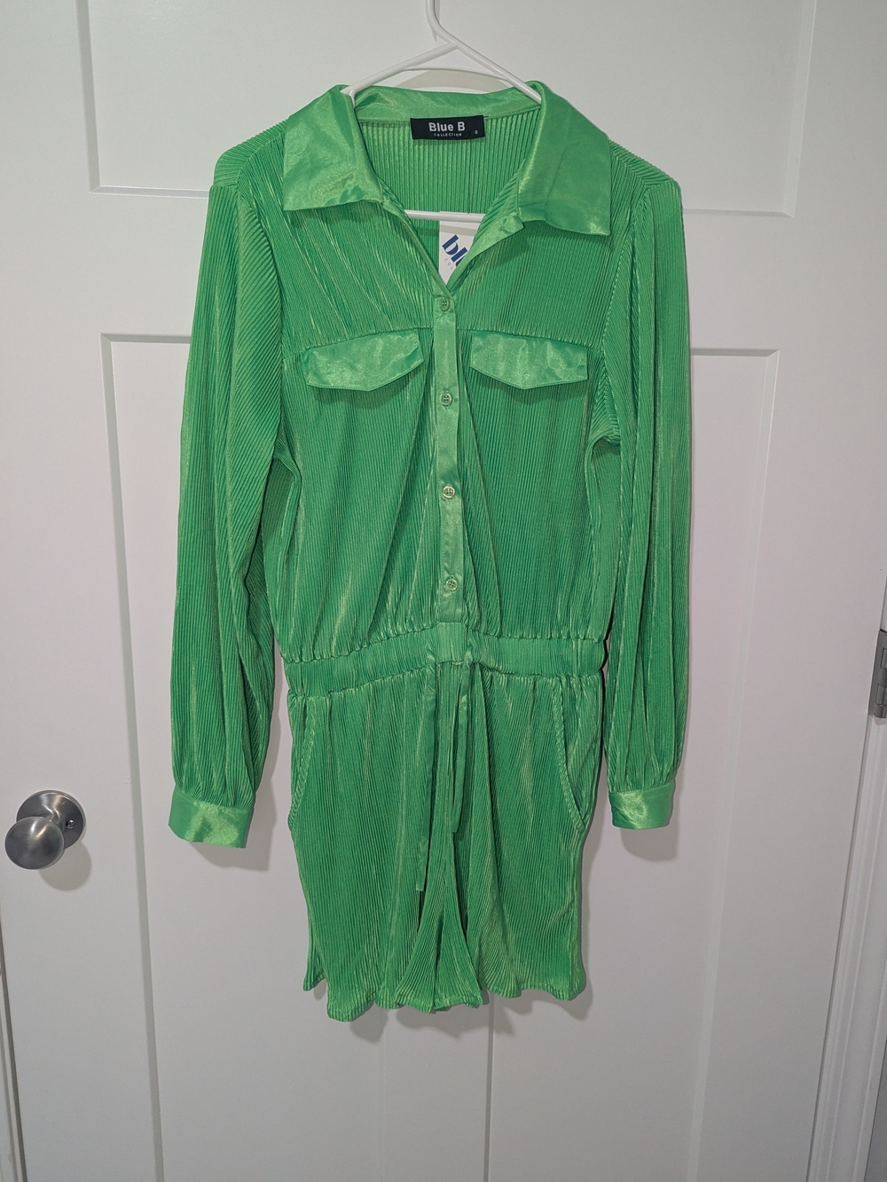 Blue B Green Long-Sleeve Romper with Drawstring Waist